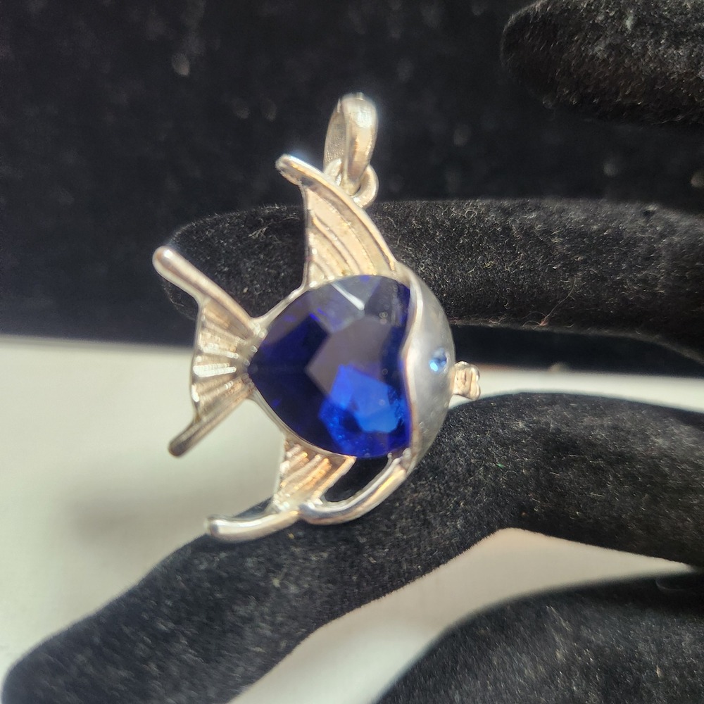 Silver Tone Blue Heart Stone Tropical Fish Pendant Nautical Charm